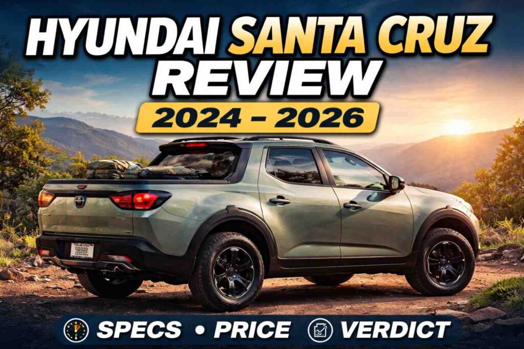 Hyundai Santa Cruz review showcasing a realistic 2024–2026 Hyundai Santa Cruz parked on a mountain trail during sunset