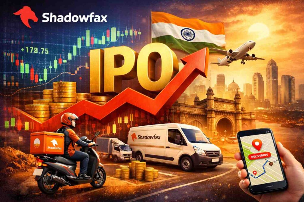 Shadowfax IPO illustration showing delivery network, tracking technology, logistics vehicles, and India’s fast-growing digital commerce ecosystem