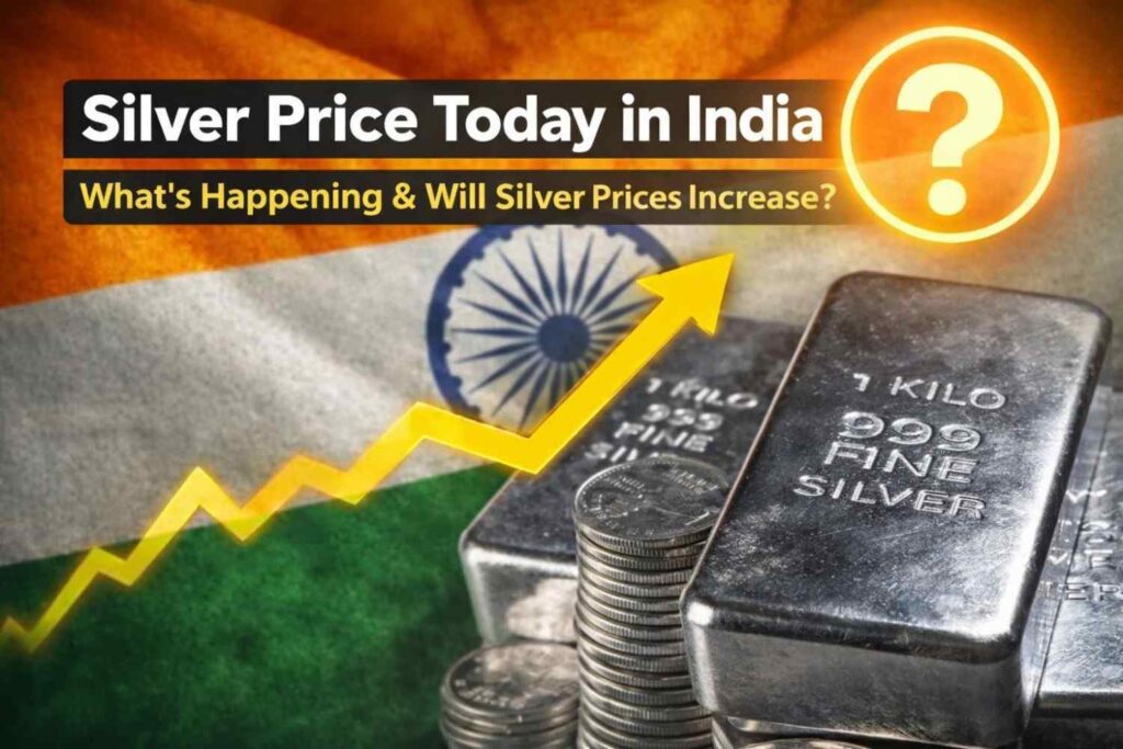 Silver price today in India showing 1 kg silver bars, rising price trend, and market outlook for 10 gram silver price