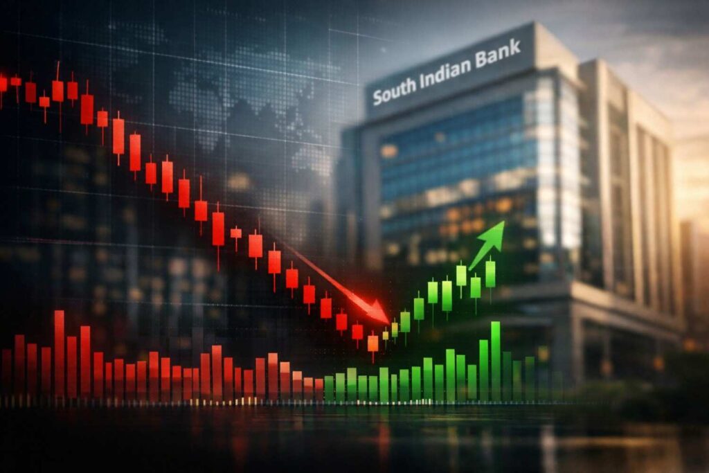 South Indian Bank share price volatility shown through a falling red candlestick chart with recovery signals against a modern bank headquarters background
