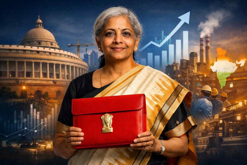 Union Budget 2026 presentation by India’s Finance Minister highlighting income tax reforms, infrastructure growth, and economic development.