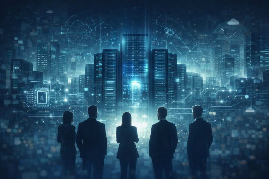 Big tech companies investing heavily in AI infrastructure with large data centers and cloud computing networks in 2026