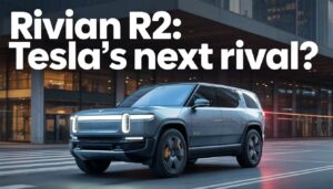 Rivian R2 electric SUV parked in a futuristic city at dusk with glowing skyline, showcasing the upcoming 2026 Rivian R2 positioned as a Tesla Model Y competitor.
