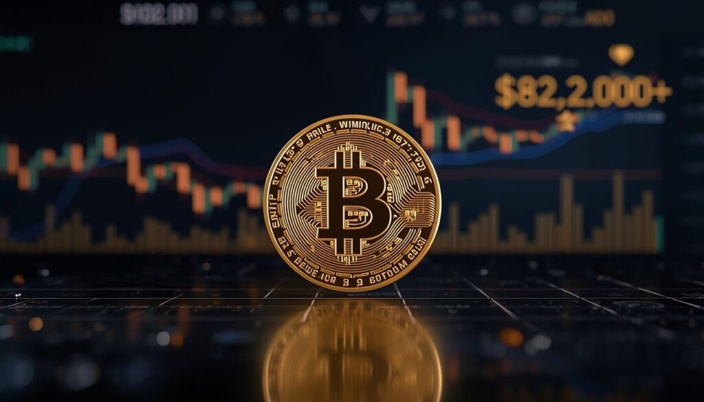 Glowing golden Bitcoin symbol over a digital trading dashboard showing a volatile bitcoin price chart rising toward $82,000 USD.