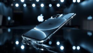 Hyper-realistic iPhone 18 concept with transparent design, ultra-thin bezels and glowing edges on a reflective surface.